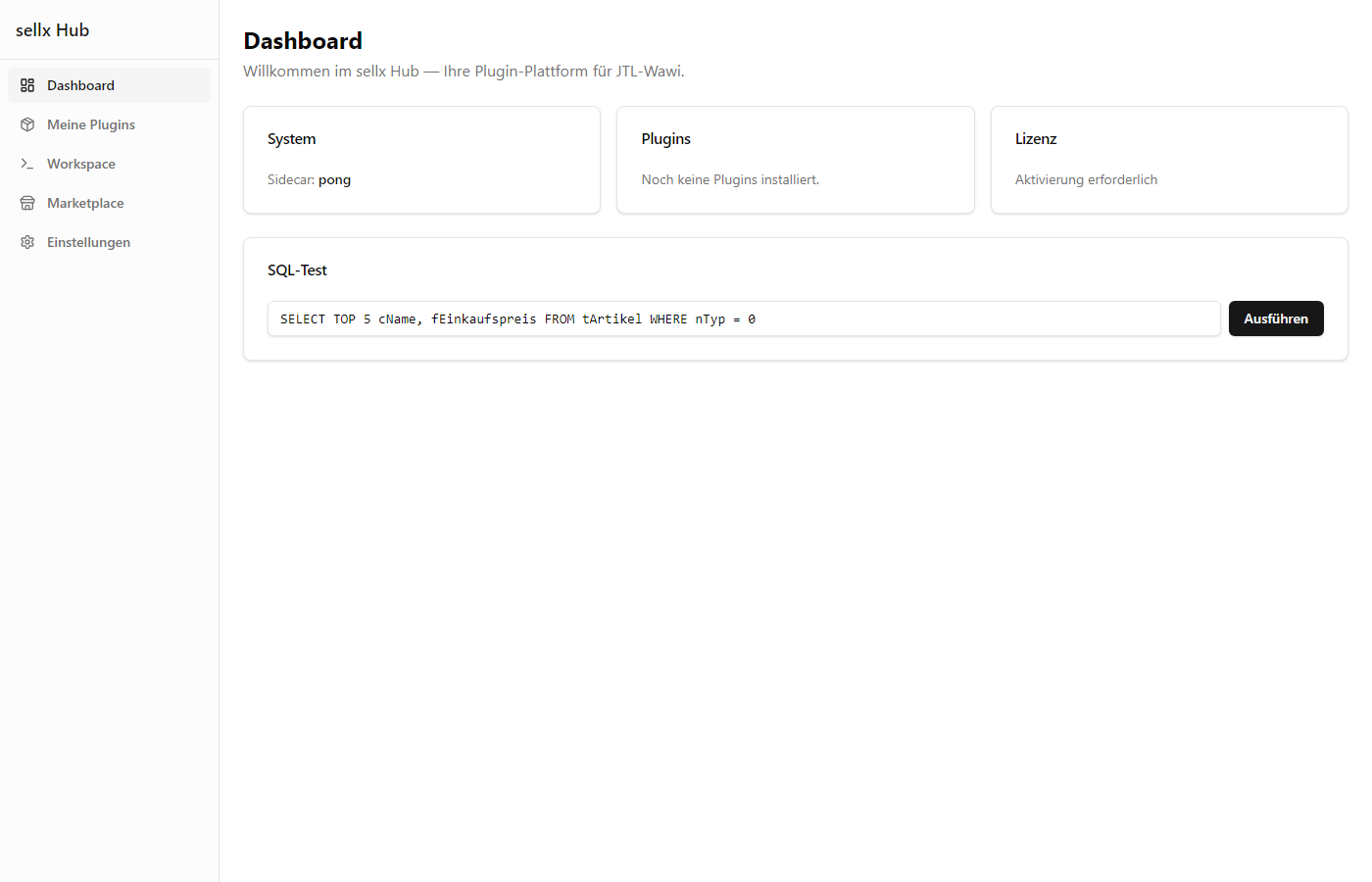 sellx Hub Dashboard nach Setup-Wizard