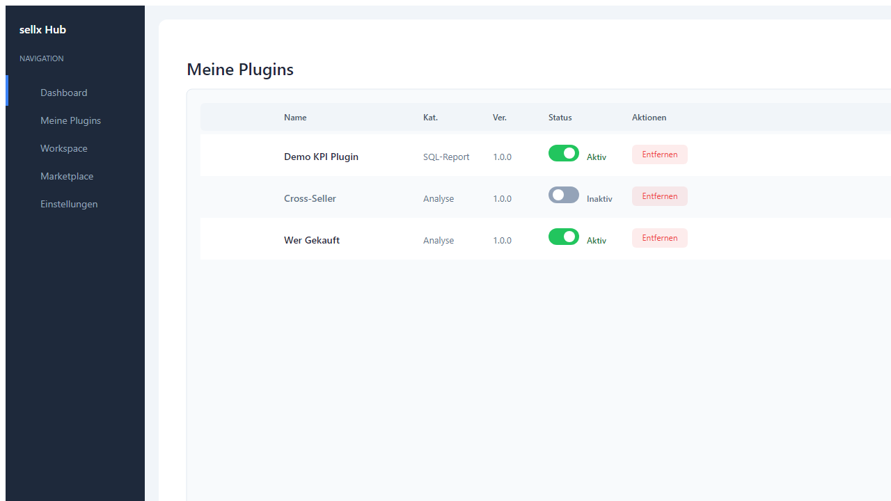 Status-Badge-Wechsel von grau (Deaktiviert) auf gruen (Aktiv) im Plugin-Eintrag der Liste