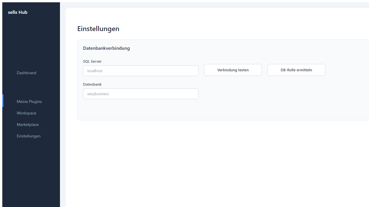 Einstellungen-Seite Bereich 'Datenbankverbindung' mit Server localhost, Datenbank eazybusiness, Toggle 'Windows-Authentifizierung', Buttons 'Verbindung testen' und 'DB-Rolle ermitteln'