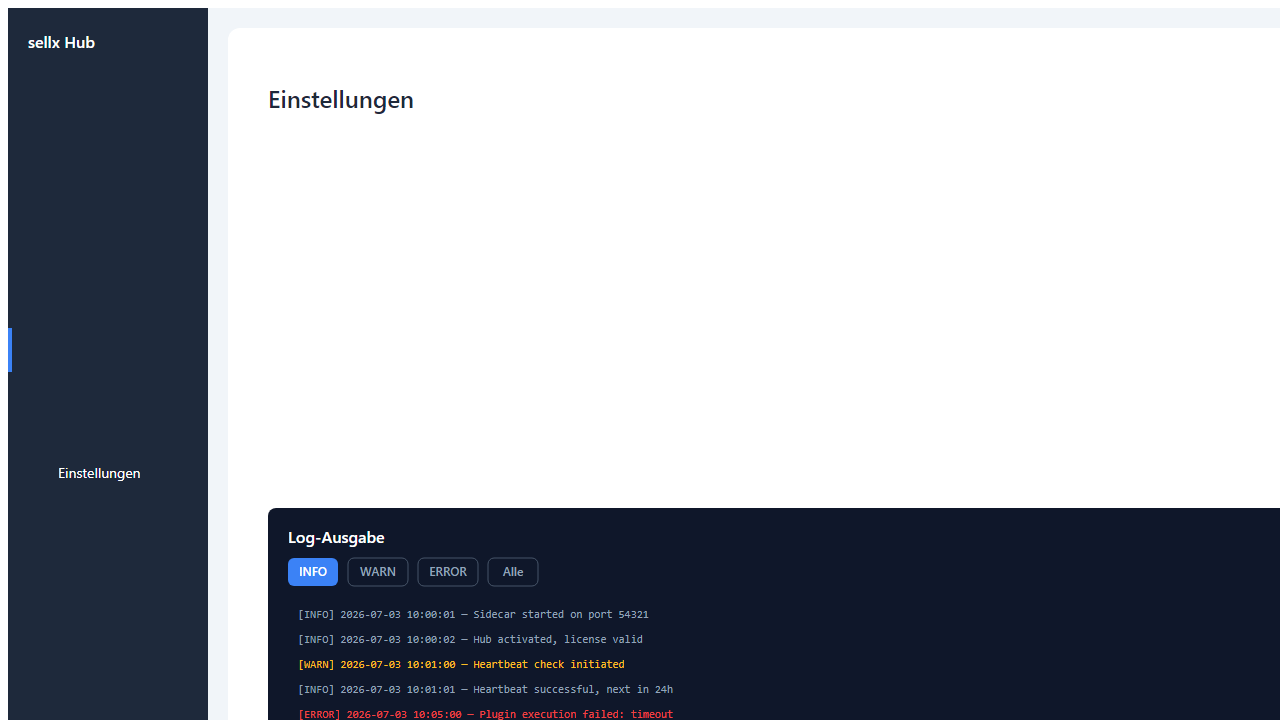 Einstellungen-Seite Bereich 'Log-Ausgabe' mit Filter INFO/WARN/ERROR/Alle und Log-Eintraegen mit Timestamp und Level-Prefix