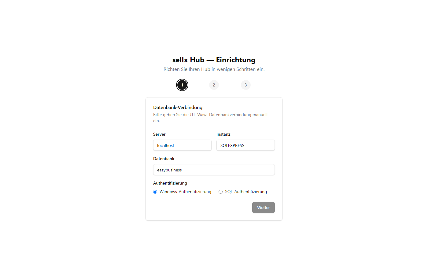 Setup-Wizard Schritt 1: Datenbank-Verbindungsformular mit vorbelegten Feldern aus der JTL-Wawi-Registry