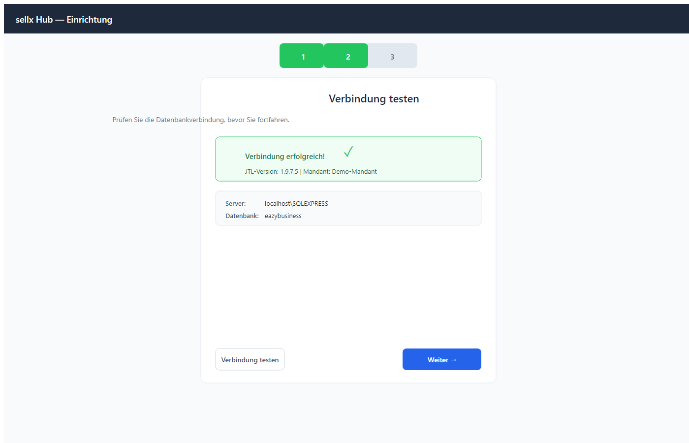 Setup-Wizard Schritt 2: Verbindungstest-Ergebnis mit erkannter Wawi-Version und DB-Rolle