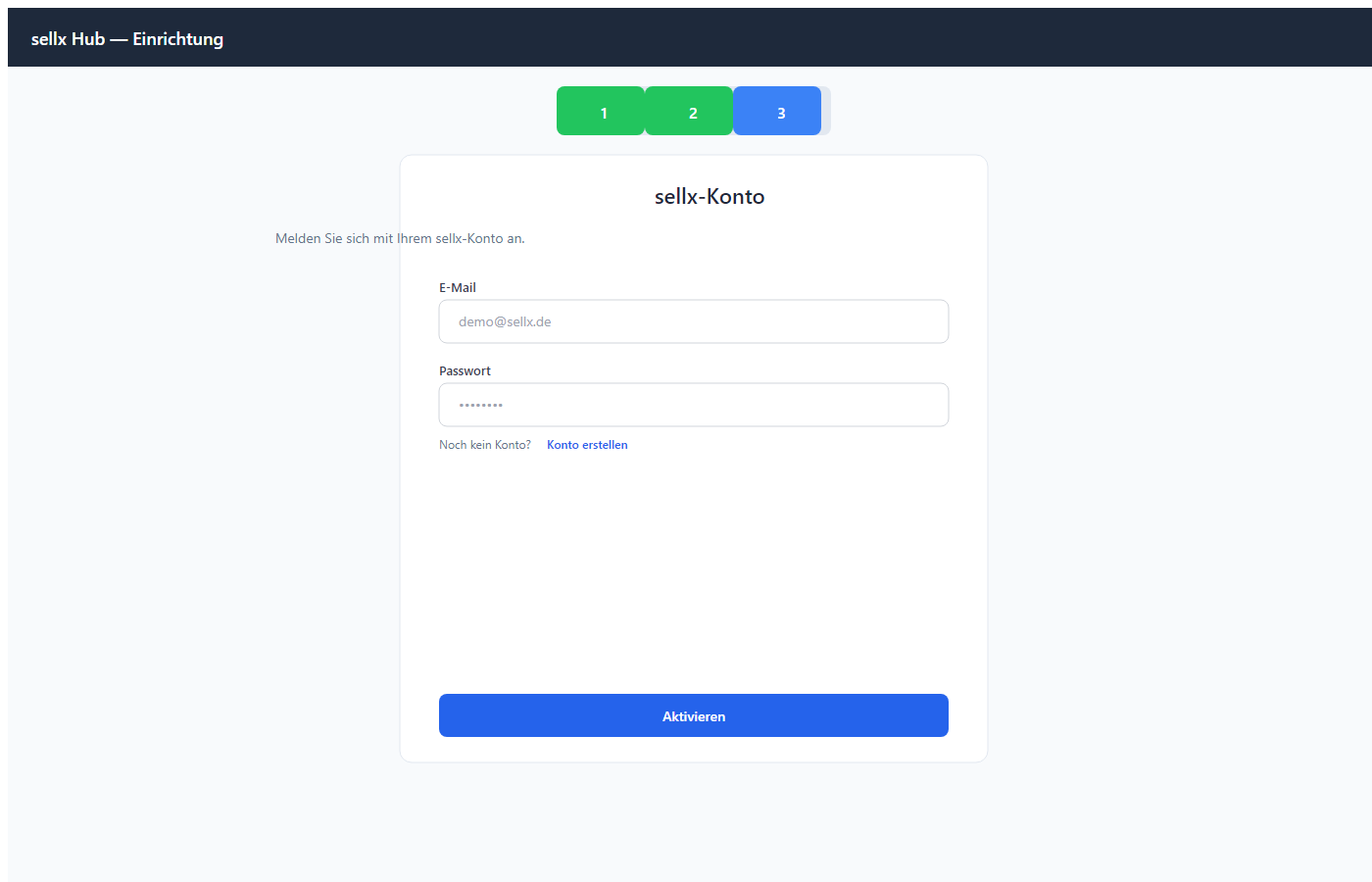 Setup-Wizard Schritt 3: Login-Formular fuer sellx-Konto mit Option 'Konto erstellen'