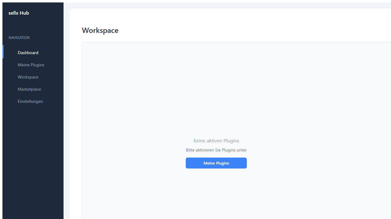 Leerer Workspace mit Hinweis 'Keine aktiven Plugins — bitte Plugins aktivieren' und Link zur Meine-Plugins-Seite