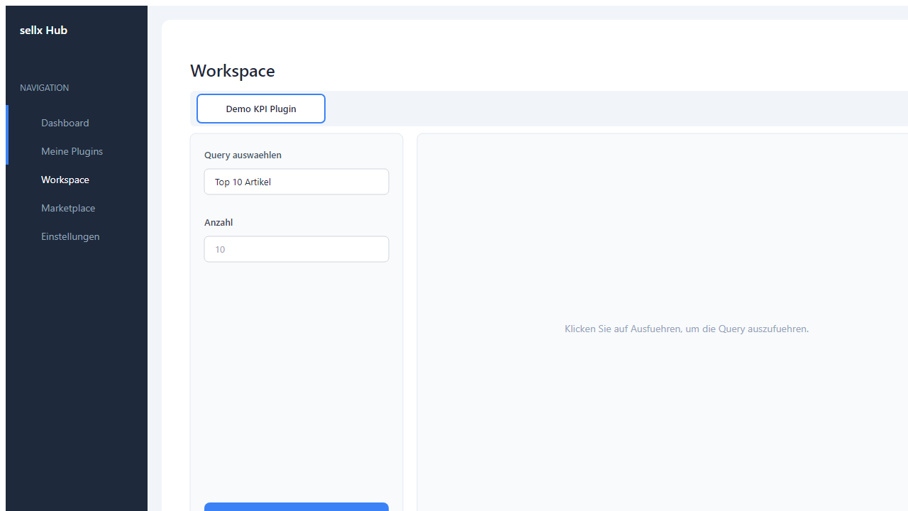 Workspace mit geoeffnetem Artikel-KPI-Tab: links Parameter-Sidebar, rechts leere Ergebnis-Tabelle, oben Tab-Leiste mit allen aktiven Plugins