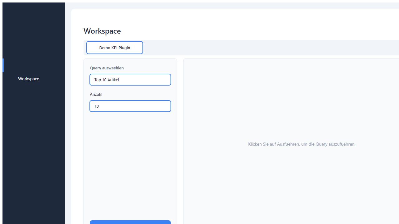 Workspace-Parameter-Sidebar mit Datum-Picker und Artikel-Suche; 'Ausfuehren'-Button ist highlighted