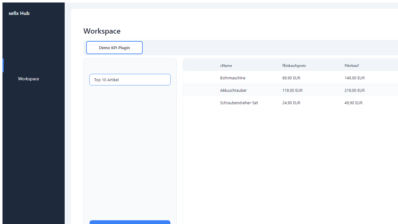 Ergebnis-Tabelle mit 10 Zeilen Spalten cName, fPreis, fVerkauf, sortierbar; Footer '5 Zeilen in 27 ms' und CSV-Export-Button