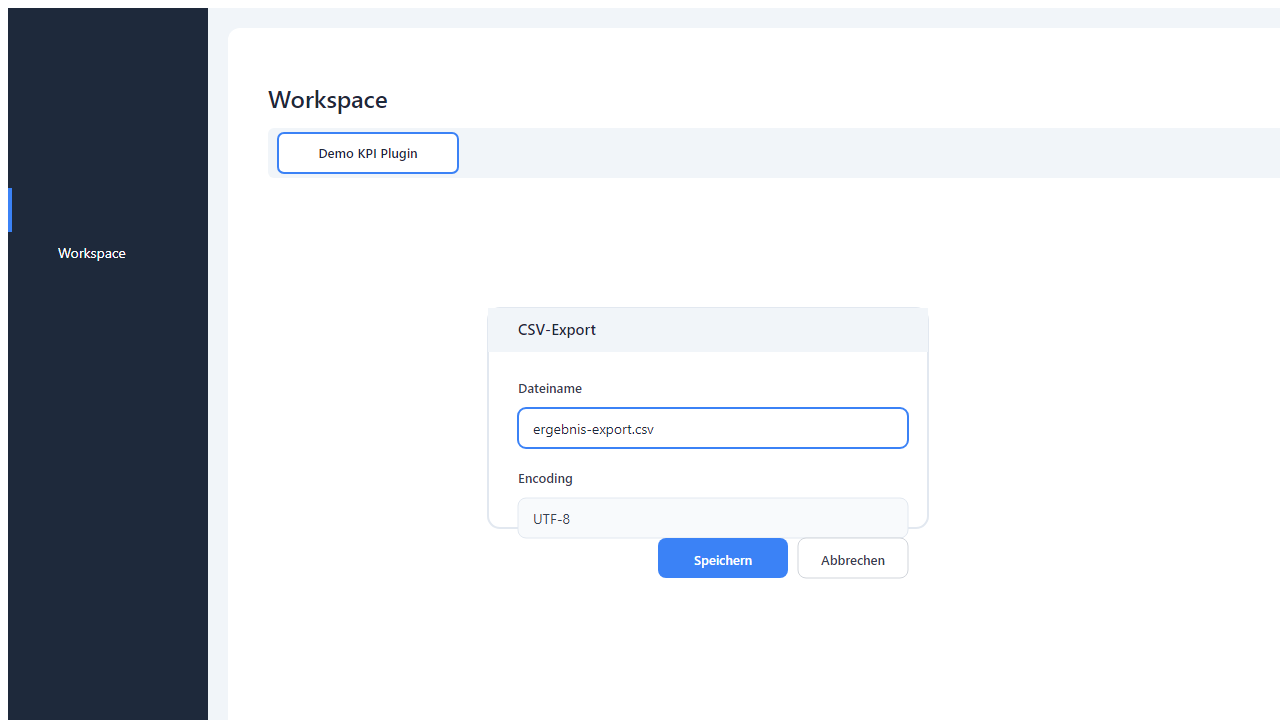 CSV-Export-Dialog: 'Speichern unter' mit Vorschlag 'export.csv' und Encoding UTF-8